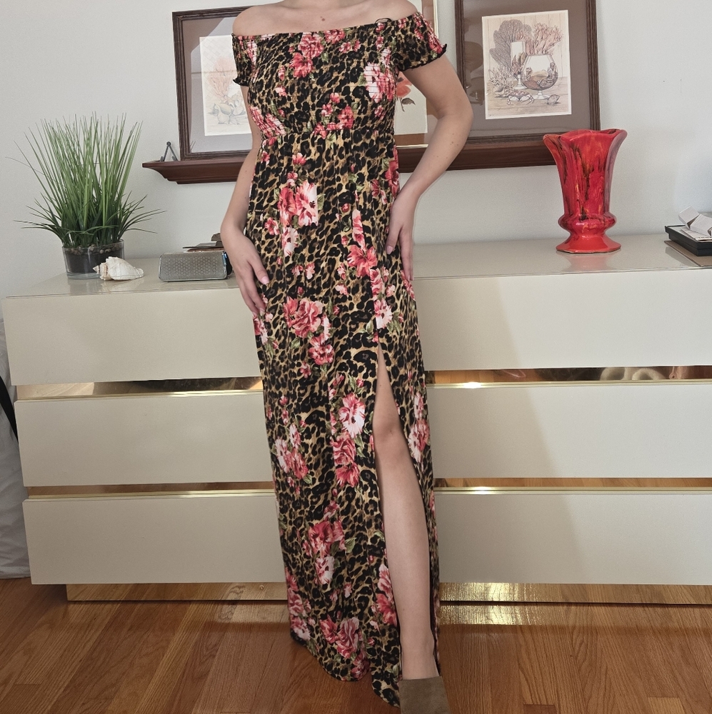 Bebe Off-Shoulder Leopard/Floral Maxi Dress
